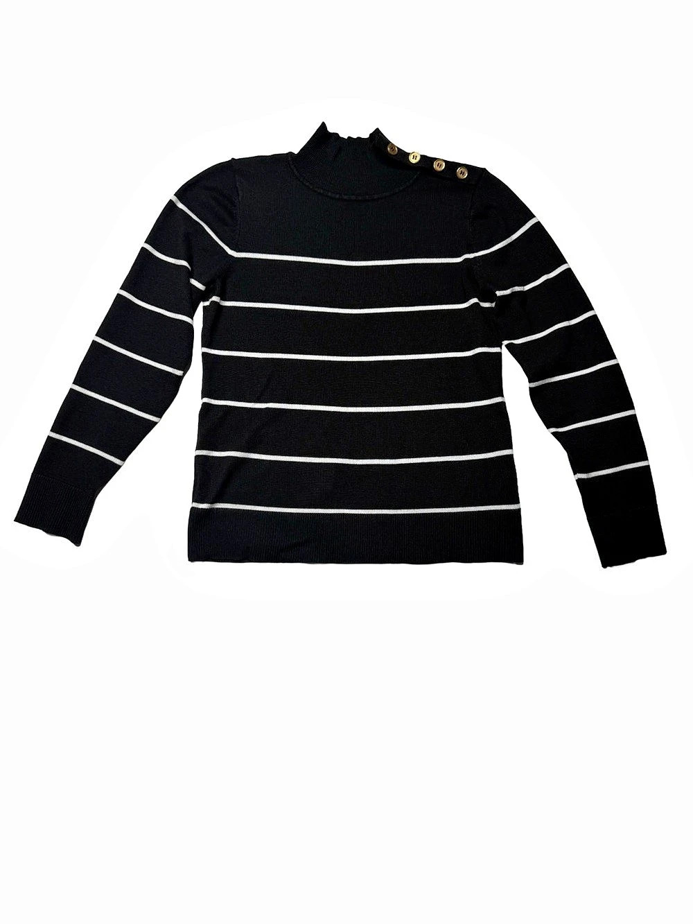 Cable & Gauge Black and White Striped Mock Neck Sweater with Shoulder Buttons